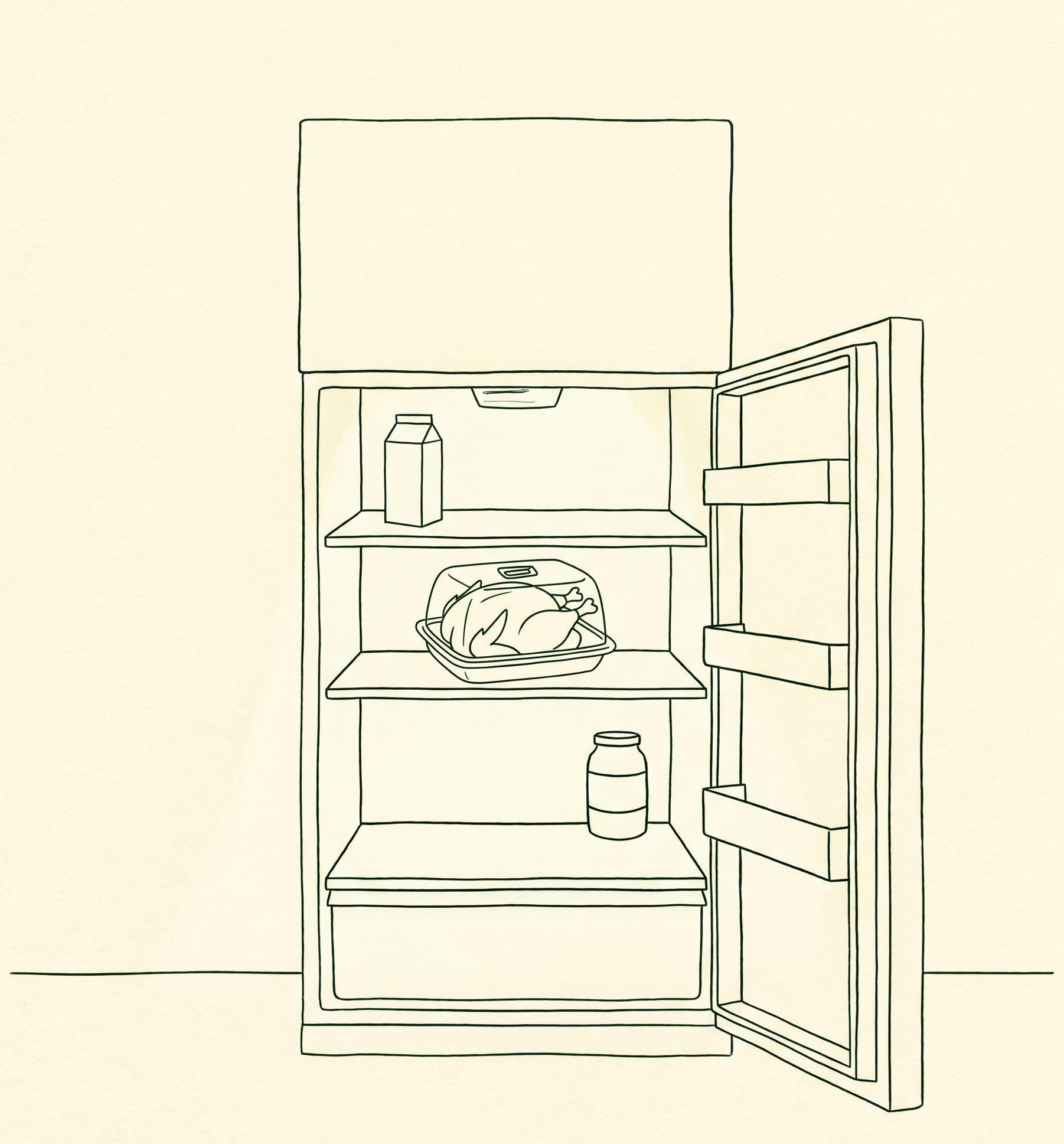 A line drawing of an open refrigerator with a package of chicken inside.
