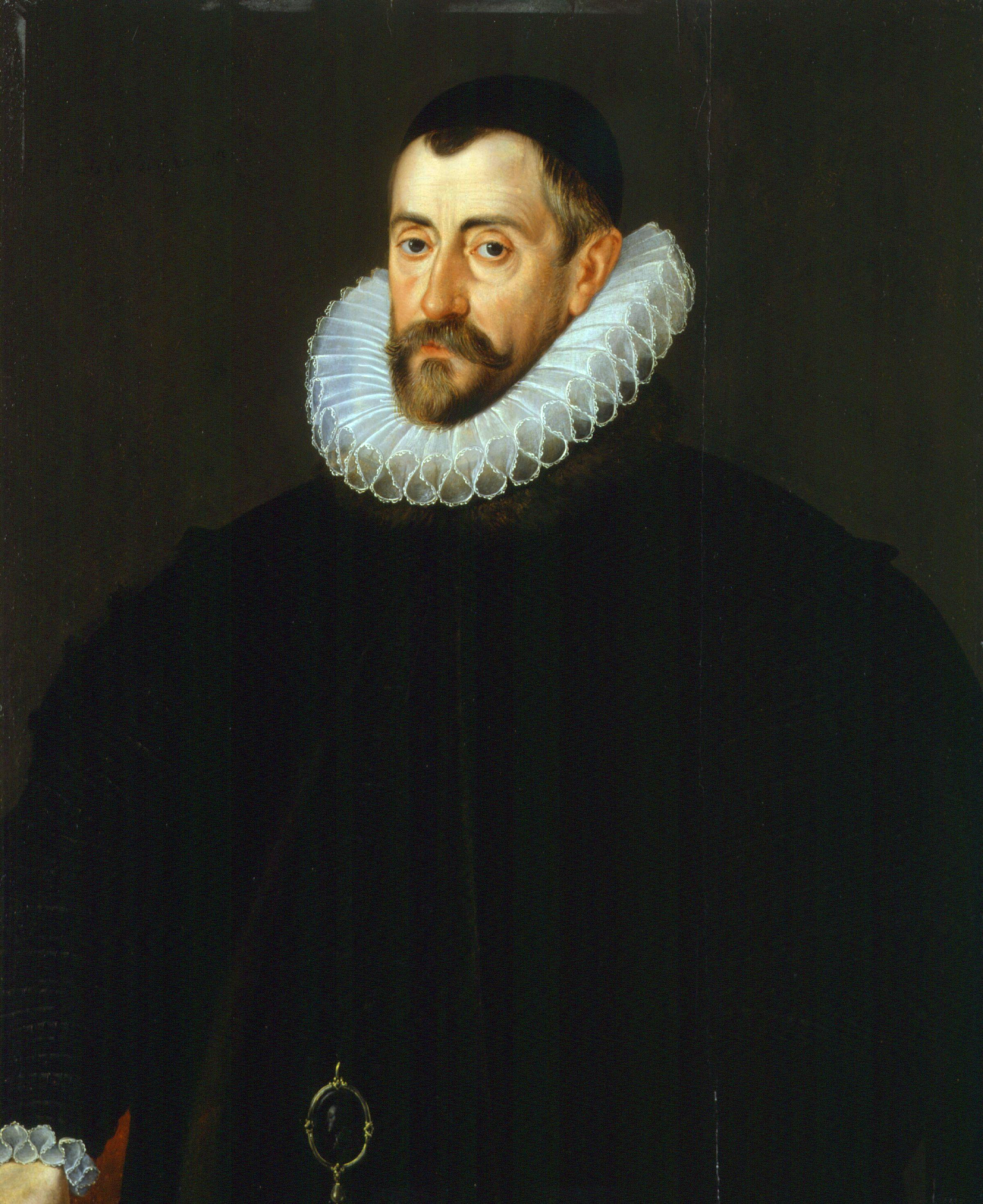Portrait of Sir Francis Walsingham (c.1532–1590) by John de Critz the Elder, c.1585. He stands in dark clothes with a white ruff, gazing past the viewer.